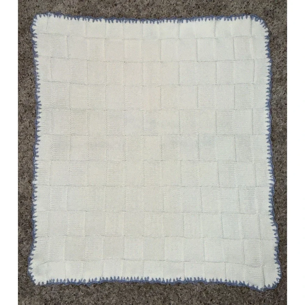 Margery Ellen Baby Blanket Cream Knit Checkered Board‎ Pattern Blue Crochet Trim